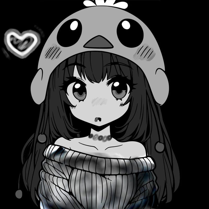 anime girl with chick shaped hat with sweater with bare shoulders with bangs covering them one eye with low tail