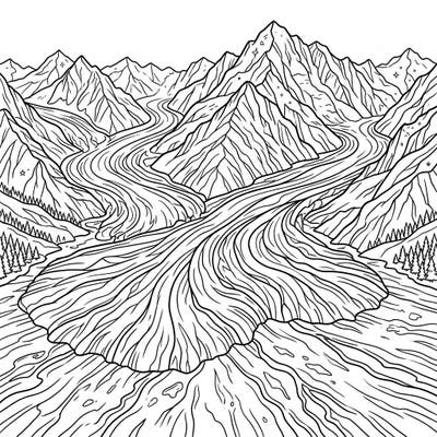 Embark on an artistic journey through the icy wonders of Piedmont glaciers, nestled within a dramatic mountain range. This detailed coloring template invites you to capture the serene power of nature's colossal ice formations.