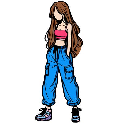 girl in baggy pants crop top and long hair