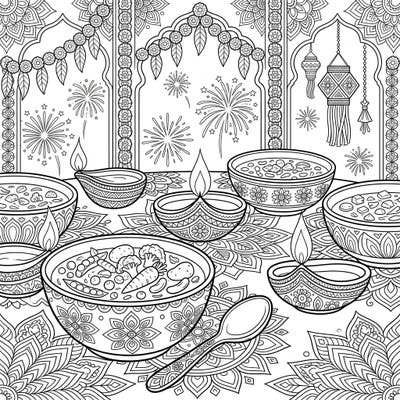 Immerse yourself in the vibrant spirit of Diwali with this delightful coloring page, blending the comfort of wholesome vegetable soups with intricate festive designs. Explore a scene rich with traditional diyas, sparkling fireworks, and beautiful patterns, ready for your creative touch.