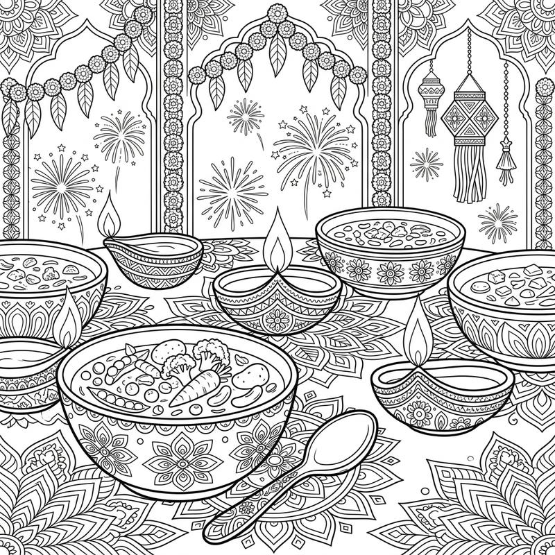 Immerse yourself in the vibrant spirit of Diwali with this delightful coloring page, blending the comfort of wholesome vegetable soups with intricate festive designs. Explore a scene rich with traditional diyas, sparkling fireworks, and beautiful patterns, ready for your creative touch.