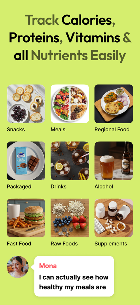 NutriScan: Calorie & Diet Plan - NutriScanアプリのインターフェース。カロリーと栄養素の追跡を容易にするためのさまざまな食品カテゴリが表示されます。