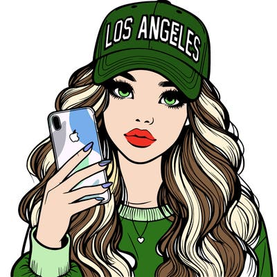 realistic beautiful girl wearing los ángeles cap holding an iphone