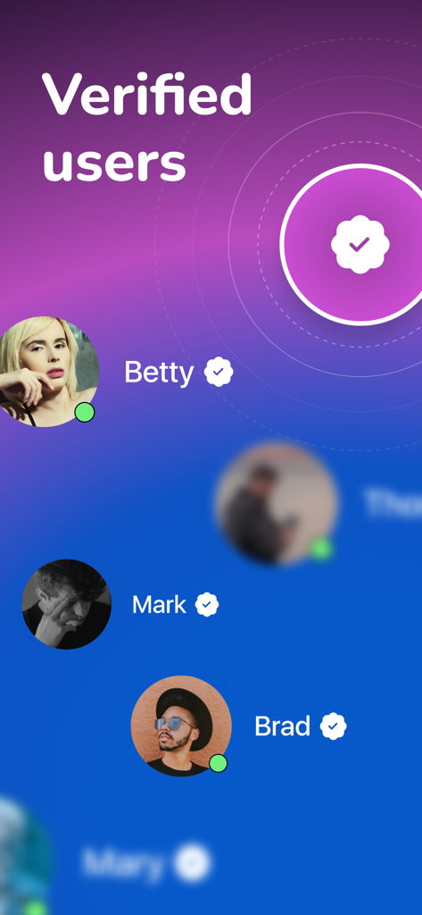Fiorry: Transgender Dating - Fiorry app screen showing profile pictures of verified users with blue checkmarks.