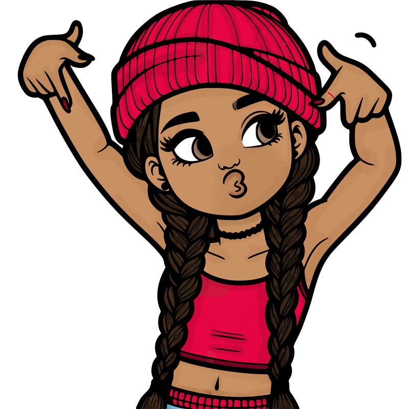 realistic teenage girl with braids and a beanie and crop top doing 🫶🏼