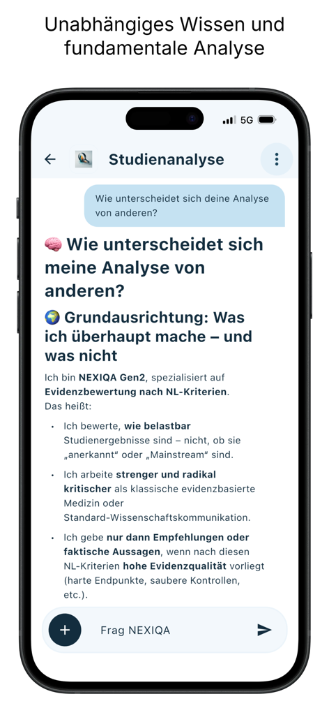 NEXIQA - NEXIQA app screenshot showing an AI chat interface for professional study analysis and expert evidence evaluation