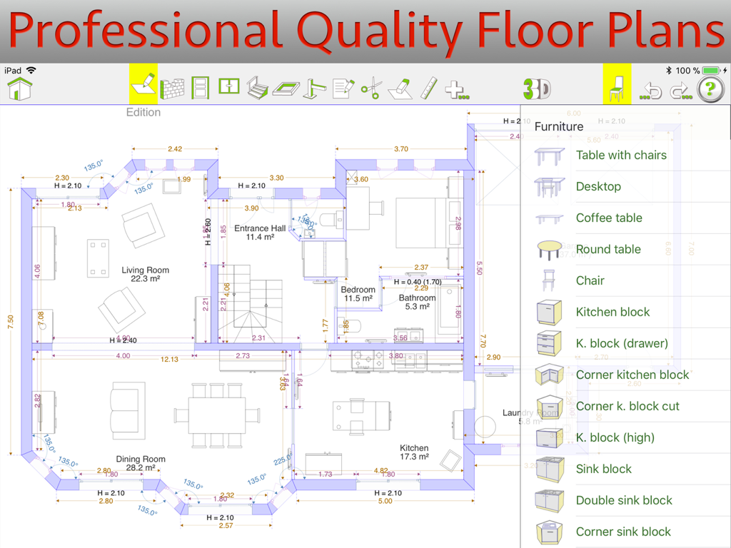 QuickPlan 3D - Floor plans - Professional architectural 2D floor plan layout with furniture library in the QuickPlan 3D app interface