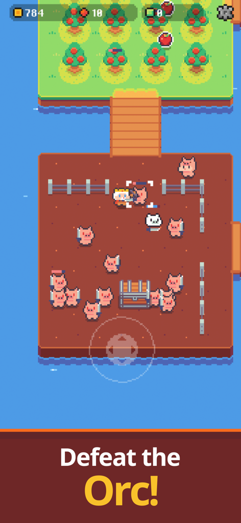 Pickaxe King Island - Pixel art gameplay of Pickaxe King fighting a group of pink orcs on a wooden island platform