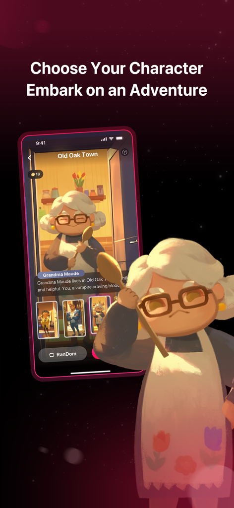 SoulTalk mobile app screen showing AI character selection for Grandma Maude adventure.