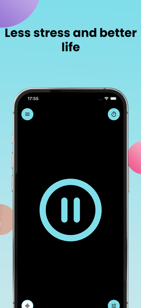 Noise: Green, Brown, White - Pantalla de smartphone mostrando la interfaz de la aplicación Ruido con un gran botón de pausa y el titular Menos estrés y una vida mejor.