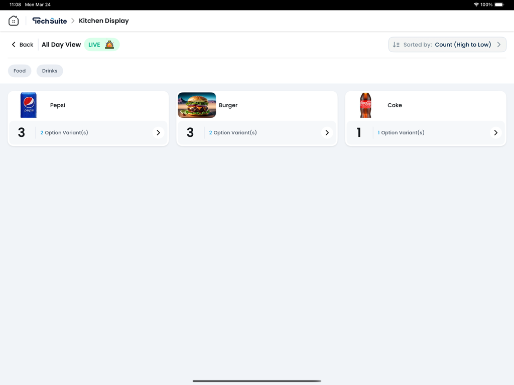 TechSuite iPad interface showing the kitchen display all day view with summarized counts for food and drink orders