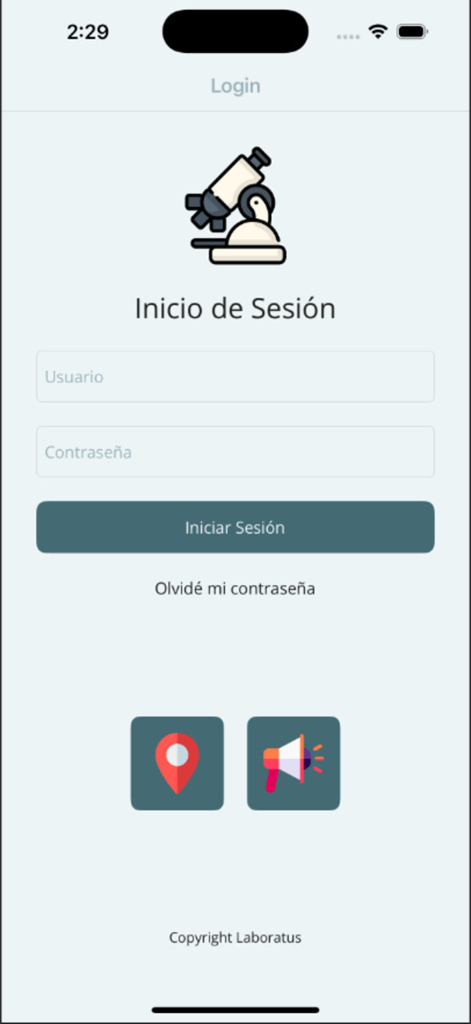 Laboratorio Clinico Laboratus - Login screen of the Laboratorio Clinico Laboratus app featuring a microscope icon and fields for username and password in Spanish