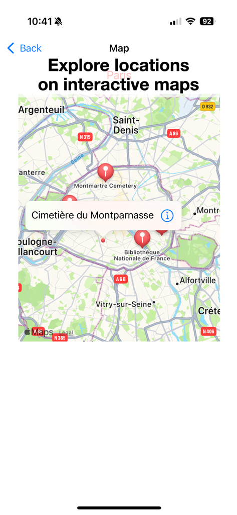 Um mapa interativo dentro do aplicativo GEDitMobile mostrando locais de cemitérios e marcadores para pesquisa genealógica.