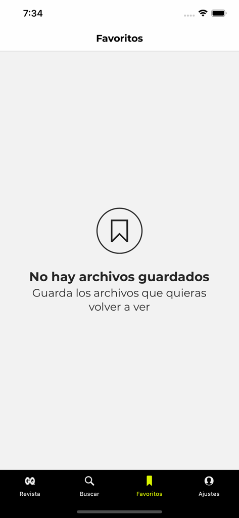Tela de Favoritos vazia no aplicativo GQ España para iPhone mostrando um ícone de marcador e texto em espanhol