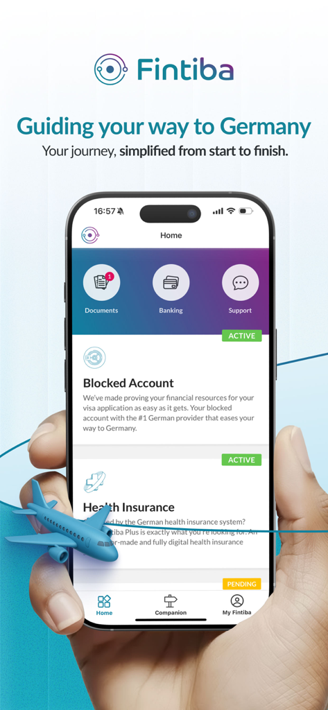 Interface de l'application mobile Fintiba montrant le statut actif pour un compte bloqué et une assurance maladie pour un déménagement en Allemagne