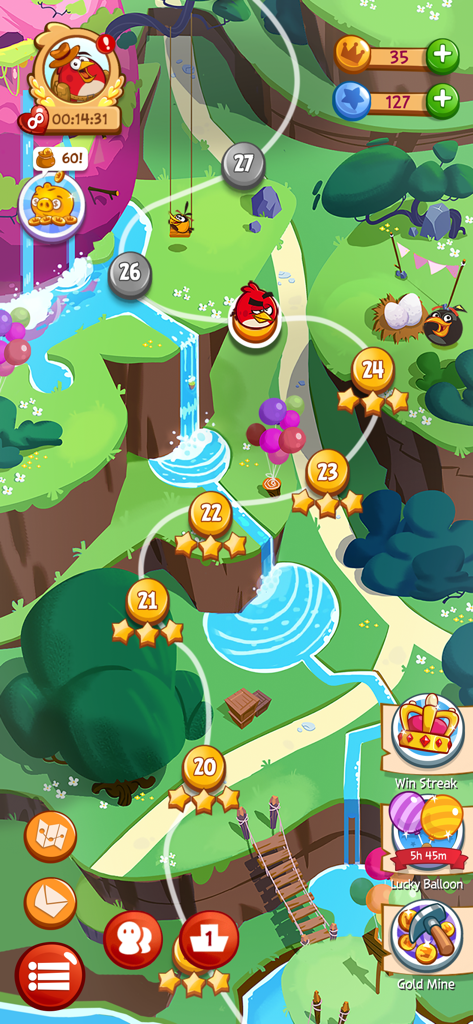 Angry Birds Blast - A colorful level selection map in Angry Birds Blast showing completed stages with three stars and various game features