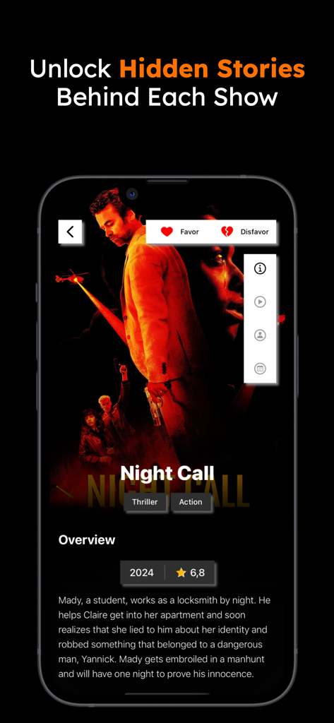 Magi - TV & AI Movie Assistant - Magiアプリのインターフェース。映画「Night Call」の概要と評価を表示しています。