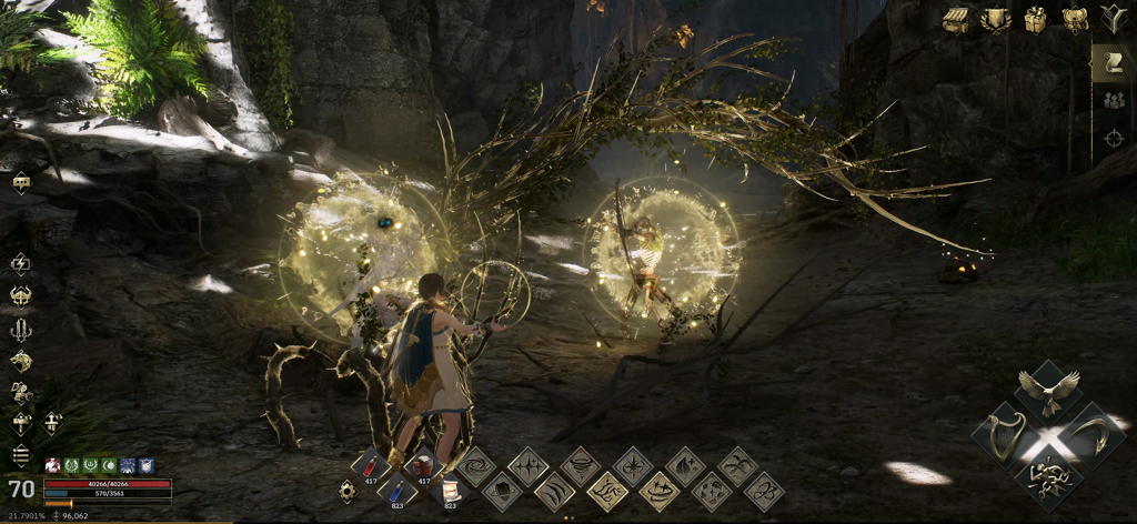 Legend of YMIR - Uma cena de combate de alta fidelidade em Legend of YMIR mostrando um personagem usando habilidades mágicas em uma caverna