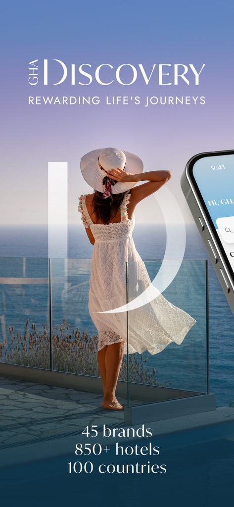 GHA DISCOVERY - A woman on a balcony overlooking the sea promoting GHA DISCOVERY luxury hotel rewards.