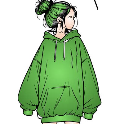 realistic girl with a oversized sweatshirt on and a bun