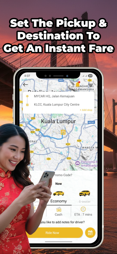 MyCar Passenger - A woman using the MyCar Passenger app to set pickup and destination locations on a map to receive an instant ride fare.
