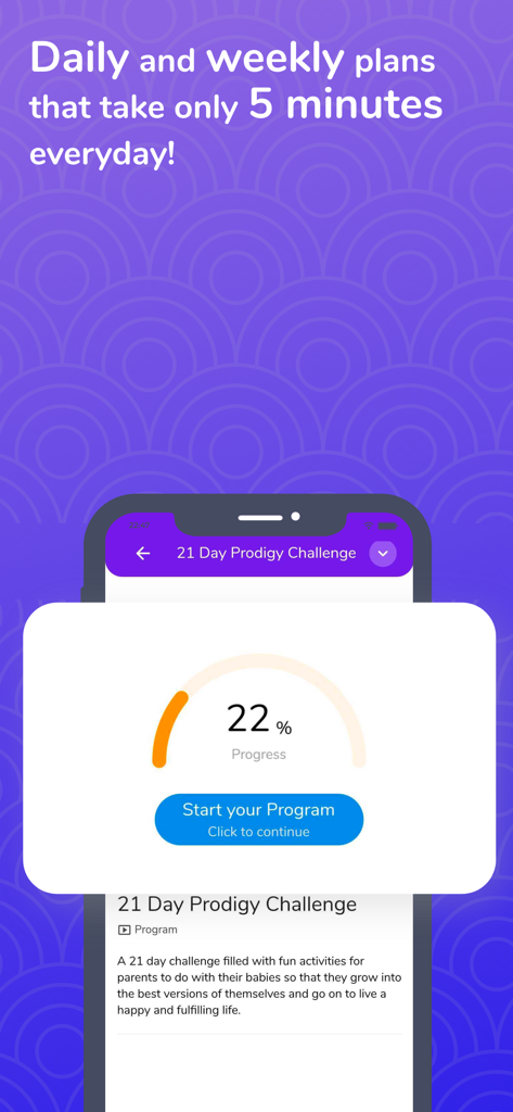 Prodigy Baby - Parenting App - Prodigy Baby app screenshot showing the 21-day challenge progress tracker and 5 minute daily plan text