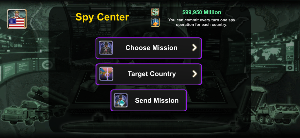 Menú del centro de espionaje del juego móvil World Empire que muestra la selección de misiones y las opciones de países objetivo.