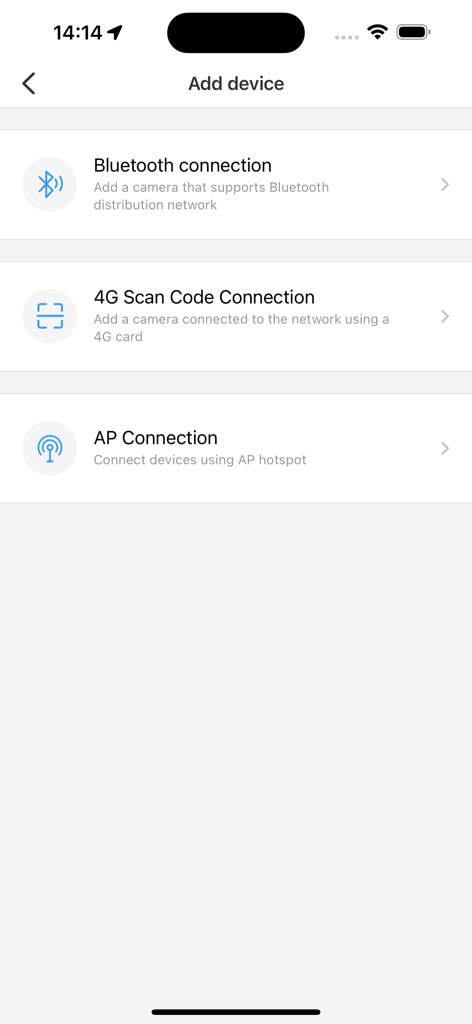 StarEye - StarEye-App-Oberfläche, die verschiedene Möglichkeiten zum Hinzufügen eines Geräts zeigt, einschließlich Bluetooth-Verbindung, 4G-Scan-Code und AP-Verbindung.