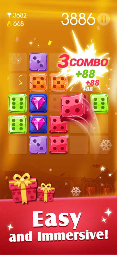 A gameplay screenshot showing colorful dice and jewels on a grid with a three combo score effect.