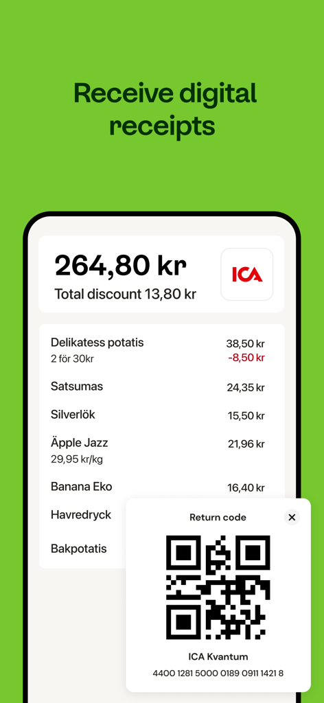 A mobile phone displaying a digital receipt from ICA in the Kivra app