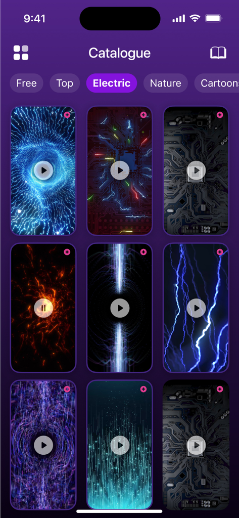 Charging Animation for Battery - A mobile app interface showing a catalog of futuristic and electric-themed charging animations.