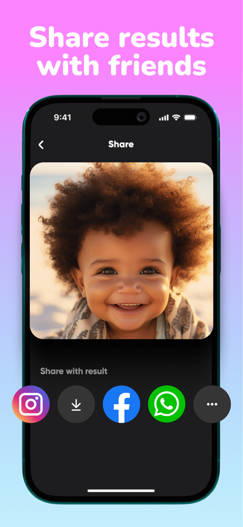 Future Baby Face AI Generator app share screen showing a realistic AI baby and social media icons