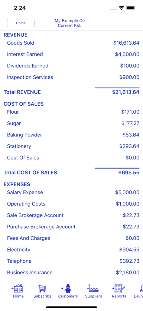 Bookkeeping - Un estado de pérdidas y ganancias detallado para dispositivos móviles que muestra ingresos, costo de ventas y gastos del negocio