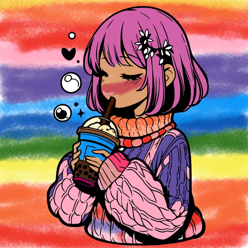 manga girl drinking boba in cozy sweater