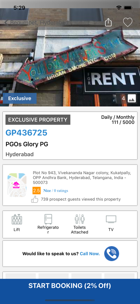 PGO - Schermata di elenco delle proprietà sull'app PGO che mostra informazioni sull'affitto e sui servizi per un alloggio per ospiti a pagamento