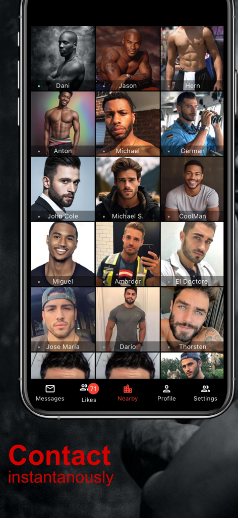 WE Gay Chat App-Oberfläche, die ein Raster von Männerprofilen in der Nähe anzeigt.