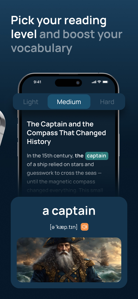 Storist: Read & Speak English - Storist app interface showing how to pick a reading level and learn new English vocabulary words using stories