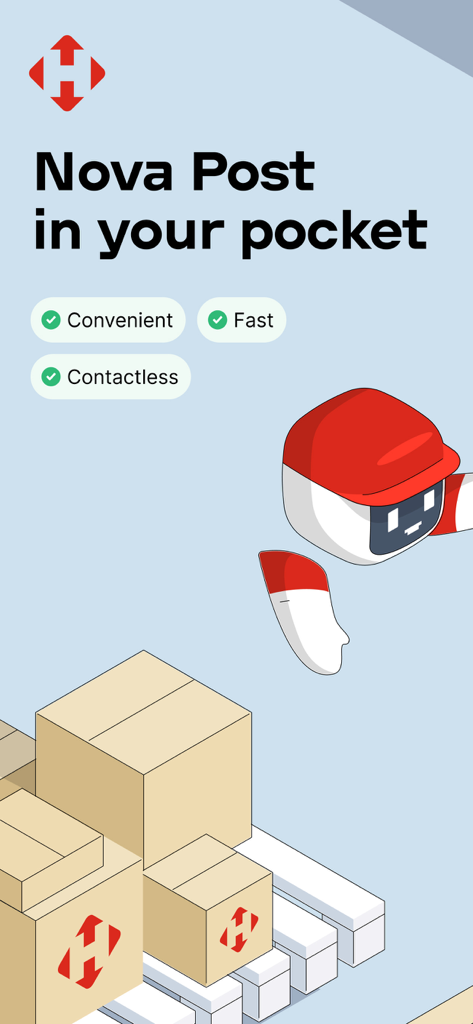 Nova Post - Promotional graphic for the Nova Post mobile app showing delivery boxes and a branded robot character