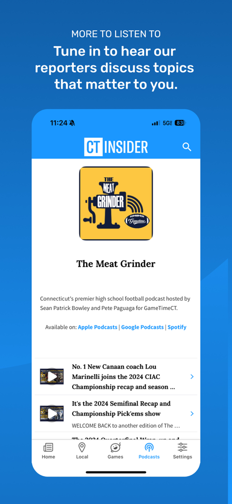 CT Insider - The Meat Grinder 고등학교 풋볼 팟캐스트를 특징으로 하는 CT Insider 모바일 앱 팟캐스트 섹션