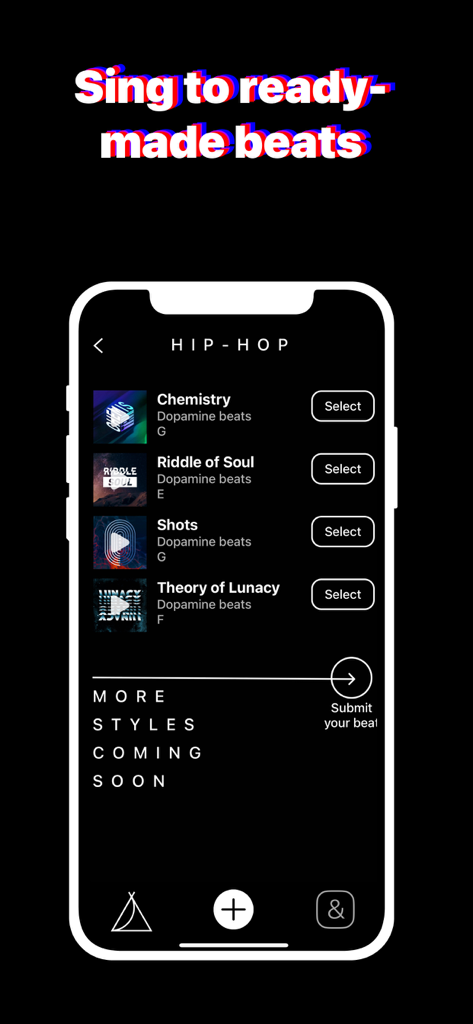 Vocal Tune: Recording Studio - Mobile Bildschirmansicht mit einer Liste von Hip-Hop-Beats in der Vocal Tune Recording Studio App
