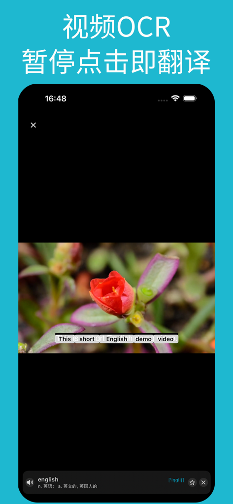 Mobile app interface showing video OCR technology translating English subtitles into Chinese on a smartphone screen.