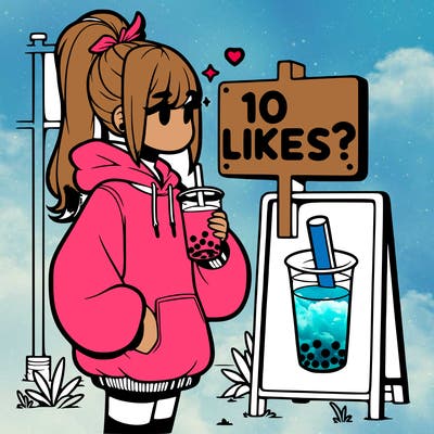 girl with oversized hoodie drinking boba and she has a high ponytail with a sign that says 10likes?