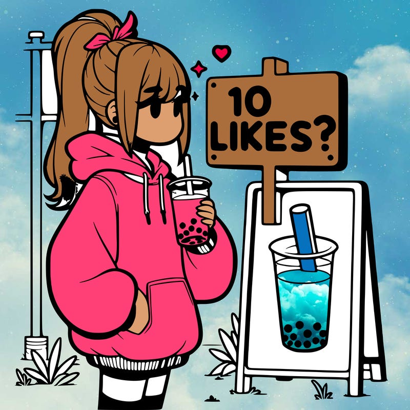 girl with oversized hoodie drinking boba and she has a high ponytail with a sign that says 10likes?