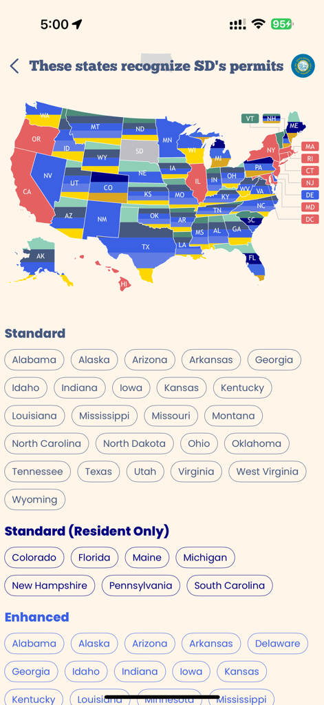 A US map and lists showing state reciprocity for South Dakota concealed carry permits