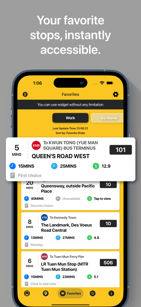 HKBUS 앱의 즐겨찾기 화면에 홍콩의 다양한 노선에 대한 실시간 버스 도착 시간이 표시됩니다.
