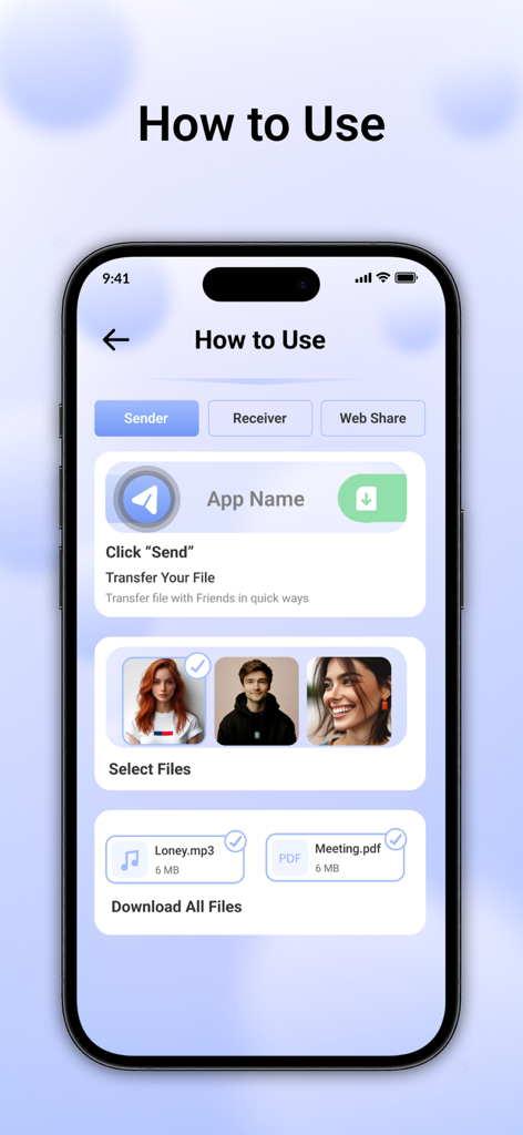 ShareMe – Fast File Sharing - Una interfaz de aplicación móvil que muestra la guía Cómo usar de la aplicación de transferencia de archivos ShareMe con opciones de remitente