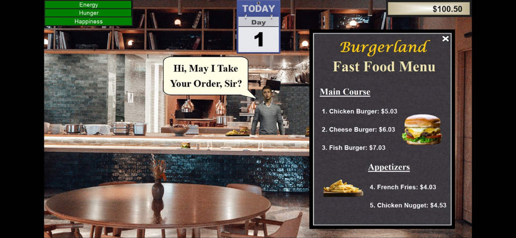 Life Changer (Mobile) - Life Changer mobile game screenshot showing the Burgerland restaurant menu and character interaction