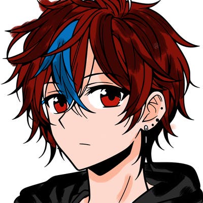 anime boy with shoulder-length hair with a pierced ear and medium-sized eyes