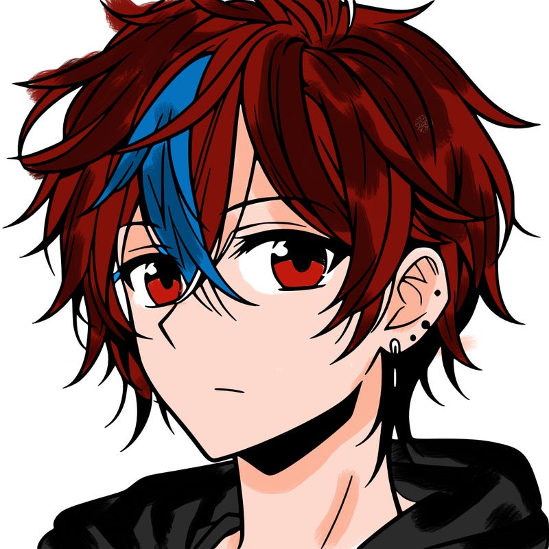 anime boy with shoulder-length hair with a pierced ear and medium-sized eyes