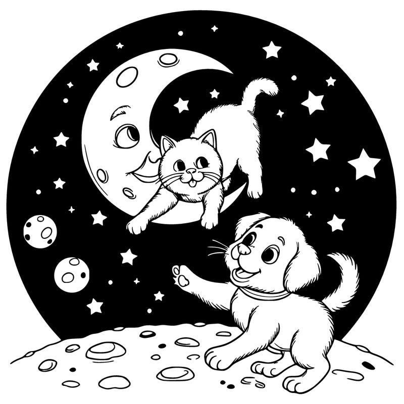 a realistic dog and cat playing on the moon